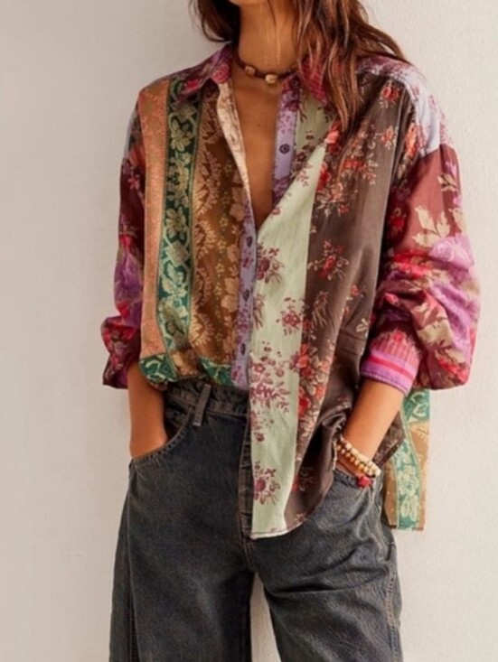 We The Free Tops - We The Free Oversized Flowy Lightweight Floral Patchwork Button-Up Shirt